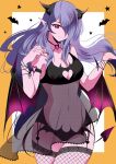  1girl alternate_costume bat_(animal) breasts camilla_(fire_emblem) cleavage cleavage_cutout clothing_cutout covered_navel cowboy_shot demon_girl demon_horns demon_tail fe135700 fingernails fire_emblem fire_emblem_fates fishnet_thighhighs fishnets hair_over_one_eye halloween halloween_costume highres horns long_hair looking_at_viewer pointy_ears purple_eyes purple_hair sharp_fingernails smile solo tail thighhighs 