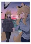  2girls absurdres alternate_costume animal_ear_fluff animal_ears arknights aunt_and_niece beach bird black_jacket black_pants black_ribbon blemishine_(arknights) blonde_hair blue_eyes blunt_bangs border breasts coat commentary_request gradient_sky grey_hoodie grey_sweater hair_ribbon hands_in_pocket highres hood hoodie horse_ears horse_girl horse_tail jacket long_hair looking_back medium_breasts multiple_girls ocean open_mouth outdoors pants red_sky ribbed_sweater ribbon signal_1120 sky smile sunset sweater tail teeth upper_teeth_only visible_air whislash_(arknights) winter_clothes winter_coat yellow_eyes 