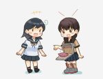  2girls black_hair braid brown_eyes brown_hair brown_serafuku food full_body kantai_collection landing_ship_no._101_(kancolle) medium_hair multiple_girls open_mouth pleated_skirt rigging rudder_footwear saiguchi_otoufu sailor_collar school_uniform serafuku shirt simple_background skirt smile solid_eyes standing sweet_potato twin_braids ushio_(kancolle) 