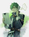  1boy binder_clip coat dated eiyuu_densetsu glasses green_eyes green_hair hair_between_eyes holding holding_paper holding_phone machias_regnitz necktie open_mouth paper phone saymel679 sen_no_kiseki sen_no_kiseki_iii short_hair sleeves_rolled_up solo talking_on_phone twitter_username uniform 