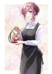  1girl apron black_apron bouquet braid breasts collared_shirt deaimon feet_out_of_frame floral_background hand_up holding looking_at_viewer matsukaze_kanoko medium_breasts nabana_yuna parted_bangs pink_eyes pink_hair shadow shirt short_hair smile solo standing swept_bangs teeth white_shirt 