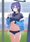  1girl absurdres black_shirt blue_archive blue_buruma blue_jacket breasts buruma clothes_lift futsukayoi gym_shirt gym_uniform halo highres id_card jacket jacket_partially_removed lanyard long_hair looking_at_viewer micro_shorts midriff navel official_alternate_costume partially_unzipped ponytail purple_eyes purple_hair shirt shirt_lift short_sleeves shorts solo star_(symbol) star_sticker sticker sticker_on_face sweat thighs track_jacket yuuka_(blue_archive) yuuka_(gym_uniform)_(blue_archive) 