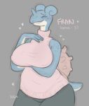  &lt;3 anthro arm_under_breasts big_breasts blue_body bottomwear breasts bughxgs clothed clothing eyes_closed female fully_clothed generation_1_pokemon hi_res horn huge_breasts lapras mature_female nintendo nipple_outline pants pokemon pokemon_(species) sheel solo sweater sweater_vest topwear turtleneck vest 