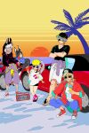  1girl 4boys alhaitham_(genshin_impact) alternate_costume animal_ear_fluff animal_hood backwards_hat baseball_cap black_hair blonde_hair car cassette_player closed_mouth crossed_arms cyno_(genshin_impact) dark-skinned_male dark_skin food genshin_impact gloves grey_hair hair_over_one_eye hat highres holding holding_food hood hood_up hoodie ice_cream ice_cream_cone jacket kaveh_(genshin_impact) long_hair long_sleeves motor_vehicle motorcycle multiple_boys nahida_(genshin_impact) o--i-ocha ocean outdoors palm_tree pants ponytail shirt shoes short_sleeves side_ponytail sky smile sneakers squatting standing sun sunglasses tighnari_(genshin_impact) tree water 