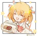  blonde_hair bow bowtie box closed_eyes commentary_request doughnut food hair_ornament hair_ribbon kamikita_komari kusarukusa little_busters! red_bow red_bowtie ribbon school_uniform short_hair smile star_(symbol) star_hair_ornament twitter_username upper_body 