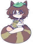  1girl :3 animal_ears blush brown_eyes brown_hair brown_skirt chahan_(fried_rice0614) chibi crossed_legs full_body futatsuiwa_mamizou glasses gourd highres leaf leaf_on_head looking_at_viewer pince-nez raccoon_ears raccoon_tail shirt short_hair short_sleeves simple_background sitting sitting_on_own_tail skirt smile solo tail tanuki tokkuri touhou white_background yellow_shirt 