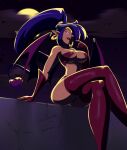  2020 big_breasts big_butt breasts butt clothing ear_piercing ear_ring fangs female genie glowing glowing_eyes hair hi_res humanoid humanoid_pointy_ears looking_at_viewer moon navel night open_mouth piercing purple_eyes purple_hair ring_piercing shantae shantae_(series) signature sitting smile solo spade_tail succubus tail teeth text thick_thighs wayforward winged_humanoid wings zedrin 