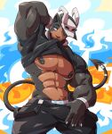  abs absurd_res anthro baseball_cap big_muscles big_pecs black_body black_fur bulge canid clothed clothing front_view fur generation_2_pokemon hand_behind_head hat headgear headwear hi_res horn houndoom male mammal muscular muscular_anthro muscular_male myiko nintendo nipple_piercing nipples pecs piercing pokemon pokemon_(species) shirt_in_mouth shirt_up solo spade_tail standing tail 