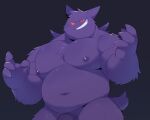  2023 anthro belly big_belly evil_grin fur generation_1_pokemon gengar genitals half-length_portrait male moobs narrowed_eyes nintendo nipples nude o-ro overweight overweight_anthro overweight_male penis penis_base pokemon pokemon_(species) pokemorph portrait pose purple_body purple_fur simple_background smile solo vein veiny_penis 