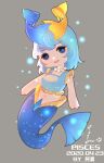  1girl artist_name blue_eyes blue_hair blue_tank_top chibi dated fish_hair_ornament full_body hair_ornament highres jewelry looking_at_viewer medium_hair mermaid midriff monster_girl necklace original pearl_necklace pisces_(constellation) pisces_(zodiac) solo tank_top yi_er_san 