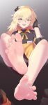  1girl barefoot black_background black_gloves black_shorts blonde_hair blush breasts collared_shirt commentary_request commission crossed_bangs english_commentary fang feet foot_focus foot_up foreshortening girls&#039;_frontline gloves gradient_background green_eyes grey_background hair_between_eyes hairband knees_up legs long_hair looking_at_viewer maidforge medium_breasts messy_hair mixed-language_commentary neck_ribbon open_mouth orange_hairband paid_reward_available pixiv_commission pov ribbon s.a.t.8_(girls&#039;_frontline) shirt shoes shoes_removed short_shorts shorts sidelocks soles solo spread_toes toes 