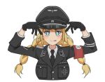  1girl black_cat03 black_gloves blonde_hair blue_eyes braid collar_tabs cross gloves hands_up iron_cross long_hair military_uniform nazi oshi_no_ko paripi_koumei red_armband solo ss_insignia ss_uniform swastika tongue tongue_out totenkopf tsukimi_eiko twin_braids uniform 