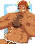  1boy abs animal_ears ball bara brown_eyes brown_hair brown_male_swimwear cow_boy cow_ears cow_horns cowboy_shot dark-skinned_male dark_skin eye_black facial_hair fence fiery_horns forked_eyebrows glowing_horns goatee grin highres horns large_pectorals leobongnana male_focus male_swimwear muscular muscular_male navel nipples official_alternate_costume one_eye_closed pectorals rugby_ball rugby_underwear short_hair smile solo spiked_hair thick_eyebrows tokyo_afterschool_summoners very_sweaty wakan_tanka 