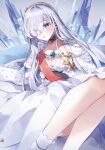  1girl absurdres anastasia_(fate) blue_eyes breasts cape cleavage commentary dress fate/grand_order fate_(series) grey_hair hair_over_one_eye hairband highres ice jewelry long_dress long_hair misaki346 pendant strapless strapless_dress white_dress 