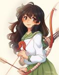  1girl arrow_(projectile) black_hair blush bow_(weapon) brown_eyes cowboy_shot dulcealuf green_skirt highres higurashi_kagome holding holding_arrow holding_bow_(weapon) holding_weapon inuyasha long_hair long_sleeves looking_at_viewer quiver sailor_collar school_uniform shirt simple_background skirt smile solo twitter_username weapon white_shirt 
