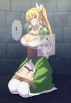  1girl arms_behind_back blonde_hair bound breasts captured cleavage cloth_gag commission gag gagged green_eyes hao718 highres holographic_interface improvised_gag kneeling large_breasts leafa pointy_ears ponytail restrained rope shorts sword_art_online thighhighs translation_request white_shorts white_thighhighs 