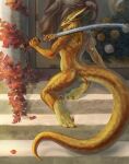  absurd_res anthro aurak authix draconian dragon dragon_(dnd) dungeons_and_dragons feet foot_fetish gold_dragon_(dnd) grin hasbro hi_res jewelry male melee_weapon nude paws ring scalie smile solo sword talons toe_rings weapon wizards_of_the_coast 