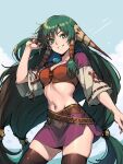  1girl bad_link cowboy_shot dark_green_hair feena_(grandia) grandia grandia_i green_eyes green_hair hair_tubes long_hair looking_at_viewer low-tied_long_hair midriff pink_skirt skirt smile thighhighs very_long_hair wide_sleeves zettai_ryouiki 