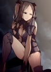  1girl absurdres animal_ears armor breasts brown_eyes brown_fur brown_hair cleavage closed_mouth commission fire_emblem fire_emblem_awakening highres long_hair looking_to_the_side one_eye_closed panne_(fire_emblem) pixiv_commission rabbit_ears rabbit_girl rindoriko shoulder_armor solo taguel 