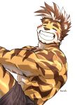  abs anthro biceps bottomwear brown_hair clothing eyes_closed felid hair hi_res kumak71395 male mammal matheson multicolored_body muscular muscular_male pantherine shirtless_male shorts smile solo striped_body stripes teeth tiger yellow_body 