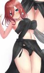  1girl arm_up armpits black_dress black_panties blue_eyes blush breasts closed_mouth cowboy_shot dress earrings frown go-toubun_no_hanayome hair_between_eyes highres irarei_(araisanblog) jewelry large_breasts long_hair multiple_views nakano_miku navel necklace paid_reward_available panties red_hair simple_background solo thighs underwear variant_set white_background 