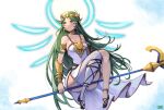  1girl armband bare_shoulders breasts cleavage collarbone forehead_jewel full_body green_eyes green_hair highres holding holding_staff jewelry kid_icarus kid_icarus_uprising palutena pendant signature smile solo staff two-tone_background ushien 