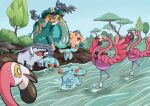  animal_focus bird blue_sky commentary_request copperajah corvisquire cufant donphan elephant flamigo flamingo grass highres no_humans open_mouth phanpy pokemon pokemon_(creature) q-chan river riverbank rock sky solid_oval_eyes splashing sweat tree tusks water yellow_eyes 
