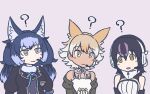  3girls 4600ns animal_ears black_hair black_jacket blazer blonde_hair blue_hair brown_eyes camisole coyote_(kemono_friends) dire_wolf_(kemono_friends) elbow_gloves extra_ears gloves grey_eyes hood hoodie humboldt_penguin_(kemono_friends) jacket kemono_friends kemono_friends_v_project long_hair microphone multiple_girls penguin_girl purple_background short_hair simple_background virtual_youtuber wolf_ears wolf_girl yellow_eyes 