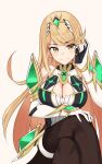  1girl bare_shoulders black_pantyhose blonde_hair breasts chest_jewel choker cleavage_cutout clothing_cutout collarbone commentary crossed_legs dress elbow_gloves gloves highres lace lace_choker large_breasts long_hair microdress mythra_(massive_melee)_(xenoblade) mythra_(xenoblade) oliver_koito pantyhose swept_bangs thigh_strap tiara very_long_hair white_dress white_gloves xenoblade_chronicles_(series) xenoblade_chronicles_2 yellow_eyes 