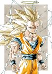  1boy blonde_hair blue_shirt character_request clenched_hands dragon_ball electricity green_eyes halo highres jumpsuit kakeru_(dbskakeru) long_hair looking_at_viewer looking_to_the_side muscular muscular_male orange_jumpsuit shirt simple_background sleeveless solo spiked_hair toriyama_akira_(style) upper_body 
