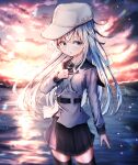  1girl absurdres black_sailor_collar black_skirt black_thighhighs blue_eyes blush commentary cowboy_shot dfd grey_hair hair_between_eyes hammer_and_sickle hat hibiki_(kancolle) highres kantai_collection long_hair long_sleeves parted_lips pleated_skirt russian_commentary sailor_collar sailor_shirt shirt skirt solo thighhighs verniy_(kancolle) white_headwear white_shirt 