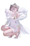  1girl bare_shoulders black_hair blue_eyes blush breasts coat collarbone diantha_(pokemon) high_heels highres looking_at_viewer open_clothes open_coat pokemon pokemon_(game) pokemon_xy shicha_(luohuan.nick) short_hair solo thighs white_coat white_dress_(module) 
