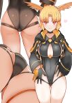  adjusting_clothes adjusting_swimsuit ass ass_visible_through_thighs black_one-piece_swimsuit blonde_hair blush breasts cleavage fate/grand_order fate_(series) from_behind gloves hat head_wings highleg highleg_swimsuit highres jacket long_sleeves looking_at_viewer multiple_views one-piece_swimsuit red_eyes rindr_(fate) short_hair smile swimsuit thigh_gap thighs wings yoosai 