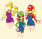  3girls artist_name blonde_hair blue_eyes blue_overalls breasts brown_hair cosplay covered_collarbone cropped_legs earrings flower_earrings gloves green_headwear green_shirt groin hair_over_one_eye hand_up hat highres holding jewelry large_breasts long_hair looking_at_viewer luigi luigi_(cosplay) luma_(mario) mario mario_(cosplay) mario_(series) multiple_girls overall_shorts overalls oxcoxa princess_daisy princess_peach purple_overalls red_headwear red_shirt rosalina shirt simple_background smile star_(symbol) super_mario_galaxy v wario wario_(cosplay) white_gloves yellow_headwear yellow_shirt 