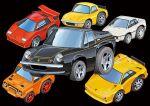  black_background car chibi choro-q lamborghini lamborghini_countach lamborghini_diablo lamborghini_lm002 lotus_(brand) lotus_elan lotus_esprit lotus_europa motor_vehicle no_humans official_art spoiler_(automobile) sports_car sports_utility_vehicle vehicle_focus wada_takayoshi 