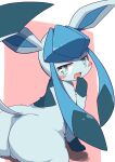  2023 big_butt blue_body blue_eyes blue_fur blush blush_lines blush_stickers butt cute_fangs digital_media_(artwork) eeveelution female feral fur generation_4_pokemon glaceon gloves_(marking) green_body green_fur hi_res kemono koorinezumi looking_at_viewer looking_back looking_back_at_viewer markings naughty_face nintendo open_mouth pokemon pokemon_(species) solo tail tongue 