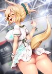  1girl :d animal_ears ass blonde_hair blush breasts commentary_request covered_nipples cowboy_shot dress dutch_angle fang fox_ears fox_girl fox_shadow_puppet fox_tail green_ribbon hair_between_eyes harusame_(unmei_no_ikasumi) high_ponytail impossible_clothes impossible_dress indoors kudamaki_tsukasa large_breasts long_bangs looking_at_viewer looking_back neck_ribbon no_panties open_mouth rei_no_himo ribbon scrunchie shiny_skin short_hair short_ponytail smile solo tail tail_raised touhou white_dress wrist_cuffs 