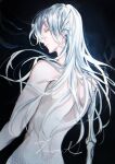  1boy bishounen blue_eyes bone fins head_fins i_became_a_god_in_a_horror_game long_hair long_sleeves looking_back male_focus mermaid monster_girl solo tavel white_hair zaphylla 