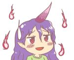  1girl anonymous_(japanese) blush green_shirt gyate_gyate horns jaggy_lines long_hair open_mouth pointy_ears portrait purple_hair purple_horns red_eyes shirt single_horn solo tenkajin_chiyari touhou transparent_background unfinished_dream_of_all_living_ghost 