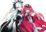  2girls bare_shoulders black_bow black_dress black_ribbon blue_eyes bow braid breasts center_frills cleavage closed_mouth clothing_cutout commentary_request detached_collar detached_sleeves dress drill_hair fairy_knight_tristan_(fate) fate/grand_order fate_(series) fingernails french_braid frills grey_eyes grey_hair hair_between_eyes hair_bow hair_ornament highres large_breasts long_hair looking_at_viewer morgan_le_fay_(fate) mother_and_daughter multiple_girls navel neck_ribbon no-kan one_eye_closed pointy_ears ponytail red_dress red_hair red_nails ribbon signature small_breasts smile spikes stomach stomach_cutout tiara two-tone_dress very_long_hair white_background white_dress white_sleeves 