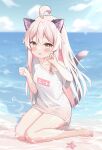  1girl :3 :d absurdres ahoge animal_ear_fluff animal_ears barefoot beach blue_sky blurry blurry_background blush breasts brown_eyes cat_ears cat_girl cat_tail cloud commentary_request day depth_of_field full_body genderswap genderswap_(mtf) hair_between_eyes hands_up highres horizon kemonomimi_mode liang_feng_qui_ye light_brown_hair long_hair looking_at_viewer ocean off_shoulder onii-chan_wa_oshimai! oyama_mahiro shirt short_sleeves sky small_breasts smile solo starfish tail twitter_username very_long_hair water white_shirt 