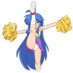  1girl basukechi blue_hair cheerleader highres izumi_konata leg_up long_hair lucky_star panties pom_pom_(cheerleading) sweatdrop underwear white_background 