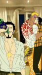  3boys abs beard black_hair blonde_hair bottle crocodile_(one_piece) cross cross_necklace donquixote_doflamingo dracule_mihawk drinking facial_hair feet_out_of_frame hair_slicked_back jewelry kiss male_focus mature_male mg_cls multiple_boys mustache necklace one_piece open_clothes open_shirt parody_request pectoral_cleavage pectorals photo_background scar scar_on_face scar_on_nose short_hair stitches sunglasses wine_bottle yaoi 