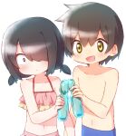  1boy 1girl :d black_eyes black_hair blue_swim_trunks blush bottle brown_eyes brown_hair hair_over_one_eye highres holding holding_bottle jijou_wo_shiranai_tenkousei_ga_guigui_kuru. male_swimwear navel nishimura_akane nyaa_(nnekoron) outdoors ramune sharing short_hair short_twintails sketch smile swim_trunks takada_taiyou twintails white_background 