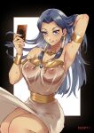  1girl arm_behind_head arm_up armlet black_hair blue_eyes blush bracelet breasts card covered_nipples dark-skinned_female dark_skin dress egyptian_clothes gold hair_tubes highres holding holding_card ishizu_ishtar jewelry large_breasts licking_lips long_hair looking_at_viewer mibry_(phrysm) millennium_necklace nipples see-through see-through_dress solo sweat tongue tongue_out trading_card white_dress yu-gi-oh! yu-gi-oh!_duel_monsters 
