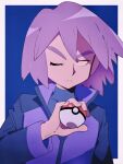  1boy a_(poipiku_325815) blue_background blue_jacket border closed_mouth frown hand_up holding holding_poke_ball jacket long_sleeves looking_to_the_side male_focus one_eye_closed paul_(pokemon) poke_ball poke_ball_(basic) pokemon pokemon_(anime) pokemon_dppt_(anime) purple_hair short_hair solo turtleneck upper_body white_border 