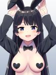  1girl :d animal_ears arms_up black_bow black_bowtie black_hair black_hairband blue_eyes blush bow bowtie braid breasts collar commentary_request commission detached_collar fake_animal_ears grey_background hair_ornament hairband hairclip heart_pasties highres long_hair looking_at_viewer medium_breasts meme_attire nijisanji pasties pixiv_commission rabbit_ears reverse_bunnysuit reverse_outfit simple_background smile solo sweat tsukino_mito tsunaso_(lack_of_sunlight) upper_body very_long_hair virtual_youtuber white_collar wing_collar 