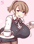  1girl aoyama_blue_mountain aoyama_blue_mountain_(cosplay) artist_logo bartender black_bow black_bowtie black_pantyhose black_skirt blue_eyes bow bowtie breasts brown_hair coffee collared_shirt cosplay cup dated dress_shirt gochuumon_wa_usagi_desu_ka? grey_background huge_breasts intrepid_(kancolle) kanon_(kurogane_knights) kantai_collection leaning_forward looking_at_viewer one-hour_drawing_challenge pantyhose pencil_skirt ponytail saucer shirt short_hair simple_background skirt smile solo white_shirt 