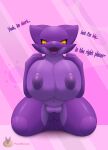  2023 absurd_res anthro areola big_breasts breast_squeeze breast_squish breasts clitoris digital_media_(artwork) female genitals hi_res horn huge_breasts kneeling kobold lizard navel nipples open_mouth pawronica presenting presenting_breasts purple_body puruun pussy reptile scalie short_stack simple_background solo squish text thick_thighs wide_hips yellow_eyes 