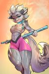  anthro blue_eyes bodily_fluids clothed clothing female fluffy fluffy_tail fur grey_body grey_fur hair looking_at_viewer mammal muscular muscular_female simple_background solo sweat tail thefuckingdevil white_hair 
